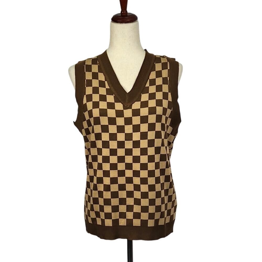 Daisy Street Knit Sweater Vest Check Brown Tan Women's US Size Medium New